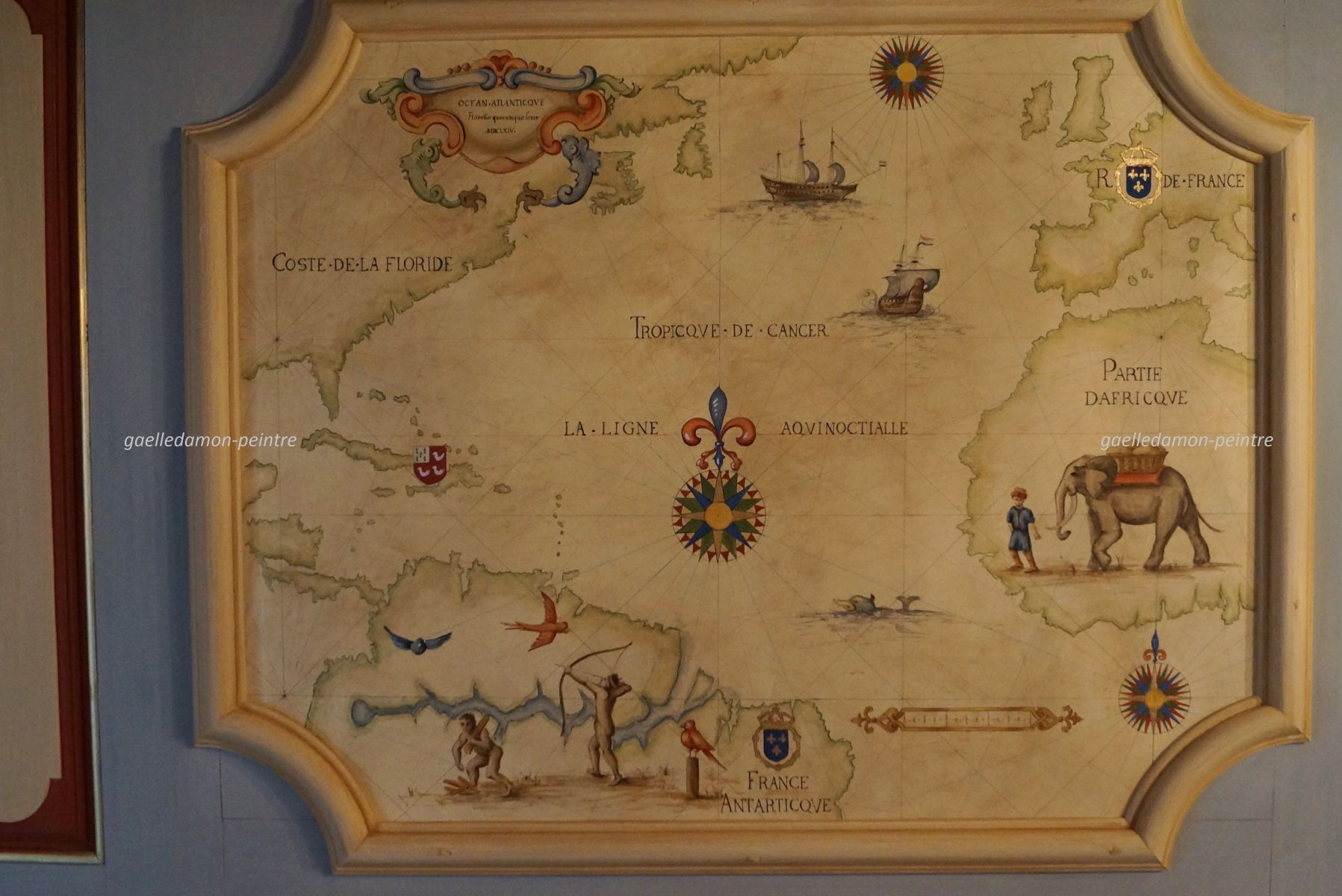 Décor sur toile marouflée- Inspiré des cartes portulan- Réference à l'histoire du lieu ( commande sur Port-Louis 56 -port de la compagnie des Indes au XVIIème)